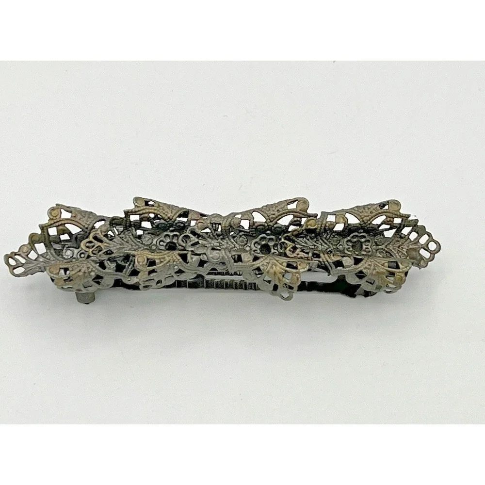 Vintage Art Deco Barrette Filigree Design Hair Pin Silver Tone